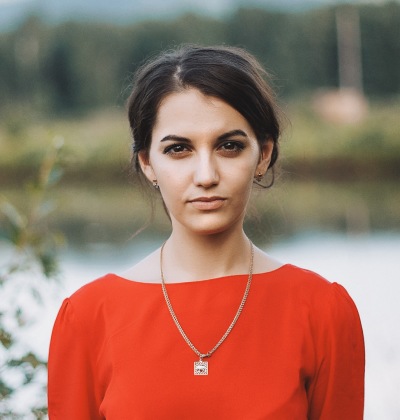 woman in red blouse