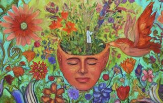Artistic representation of a serene face with a head blossoming with an array of vibrant flowers and a figure standing amidst the greenery.