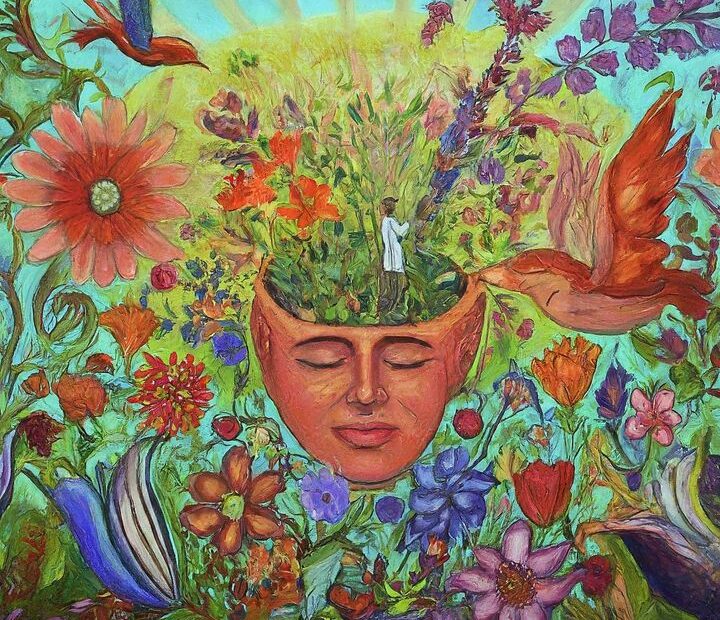 Artistic representation of a serene face with a head blossoming with an array of vibrant flowers and a figure standing amidst the greenery.
