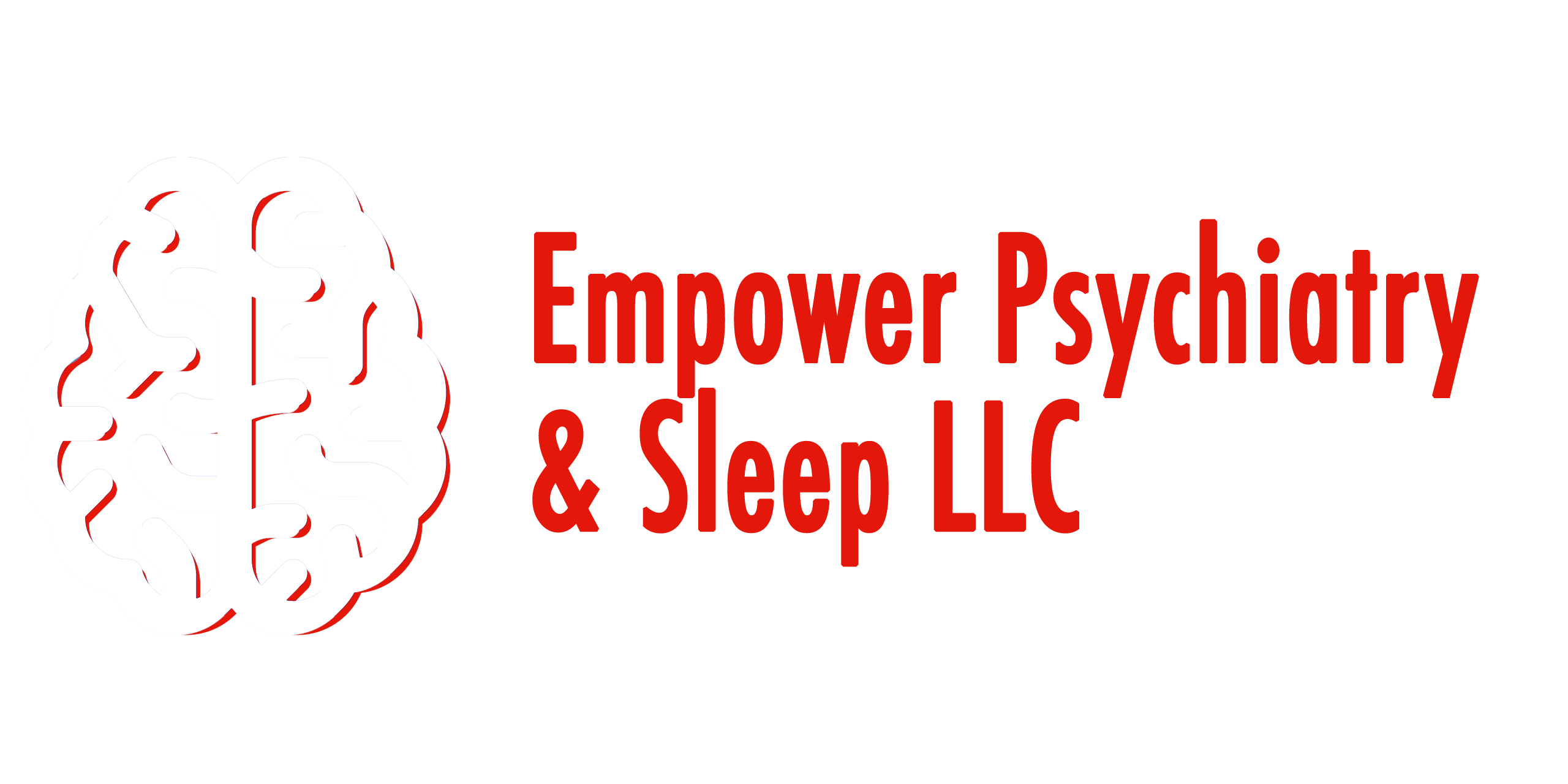 Empower Psychiatry & Sleep LLC logo with a black outline of a brain highlighted in red, with the company name in red font.